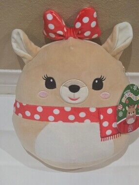 Squishmallows Beige Reindeer with Red Polka Dot Bow & Scarf